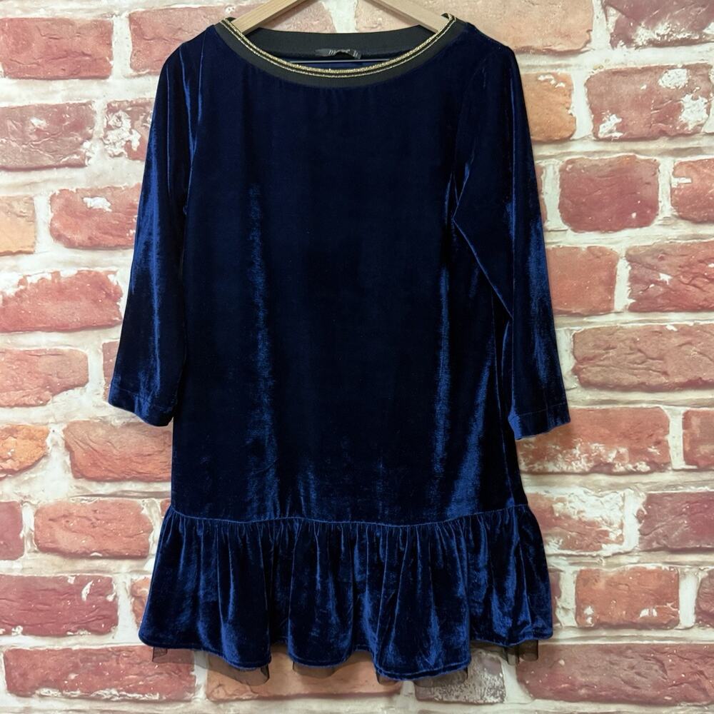 Maryley Dress Women's 14 Blue Velvet Velour Ruffle Mesh Trim Casual Evening